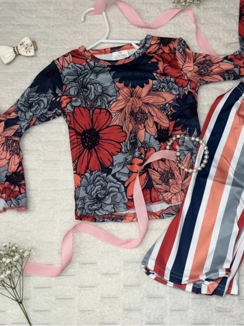 Girls' Floral Long-Sleeve Top in Coral and Navy